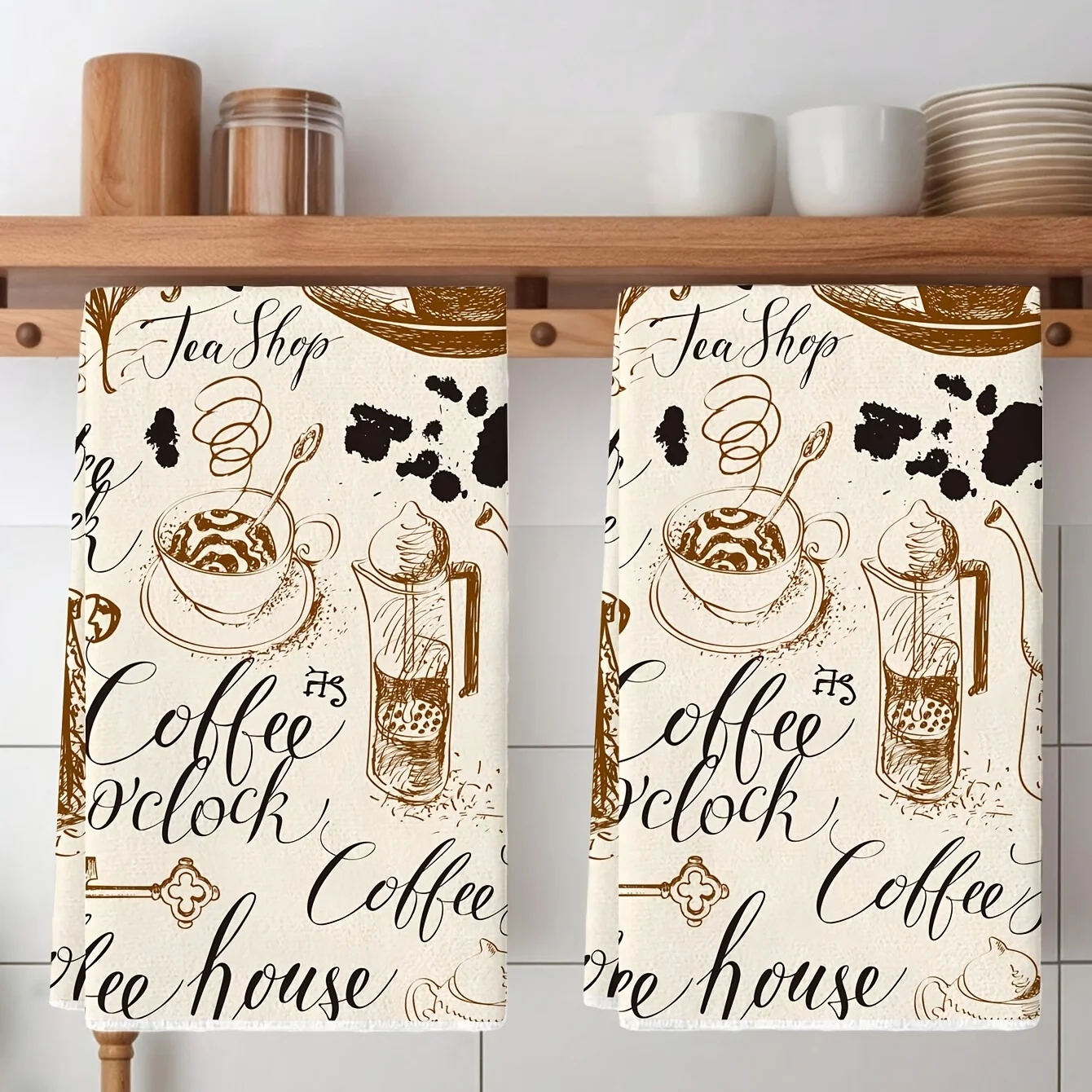 [] Cleaning cloth 2PCS kitchen towel, coffee pattern print kitchen towel