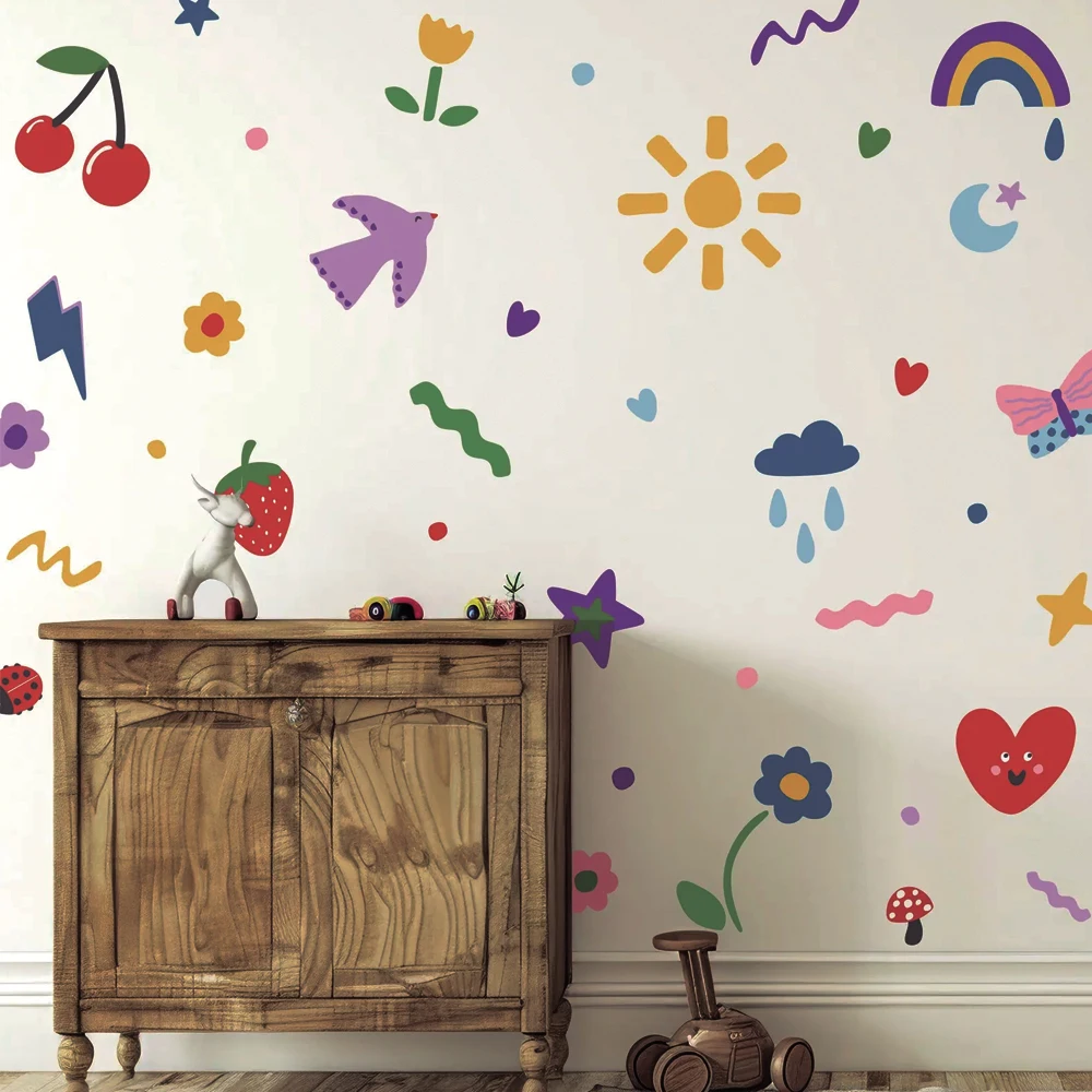 Seguridad colorida niños divertido Doodle DIY vinilo extraíble pegatinas de pared para guardería para habitaciones de niños decoración para sala de estar papel tapiz