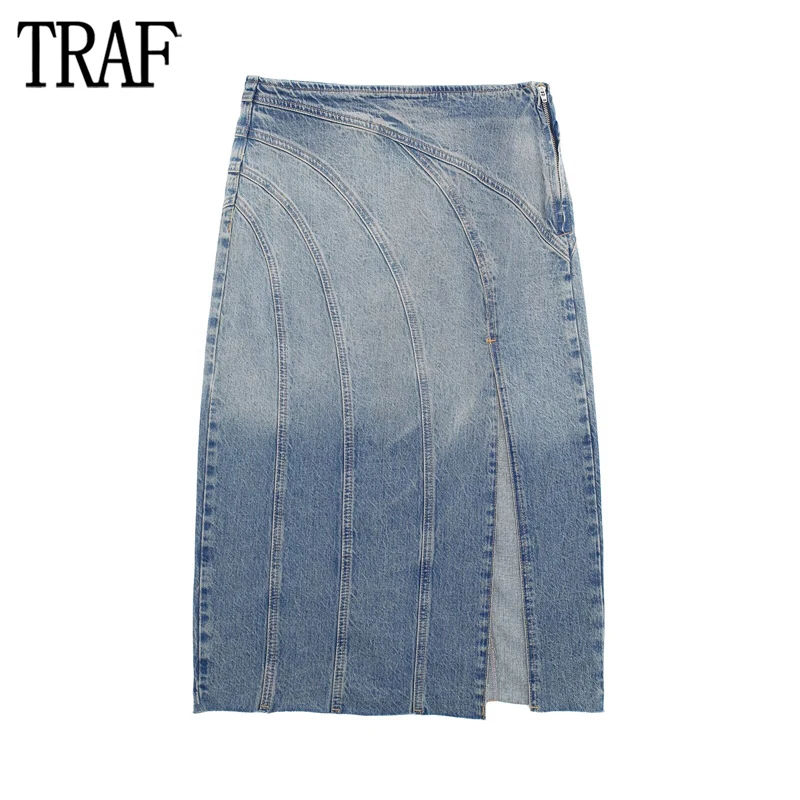 

TRAF High Waist Denim Skirt Women Blue Washed Jeans Skirts for Women Summer Seamless Midi Skirts Woman Streetwear Women's Skirts