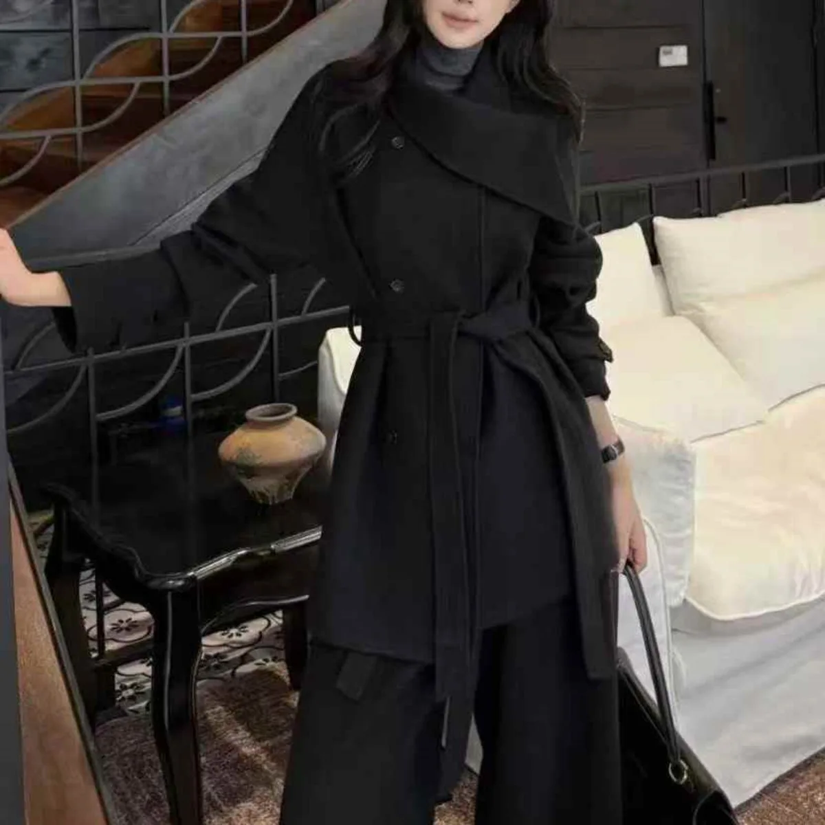 BJTZ-Chaqueta de Tweed gruesa para mujer, abrigo corto, chaqueta informal con cinturón y solapa de gran tamaño, ropa elegante de oficina de lujo de alta calidad, 2025