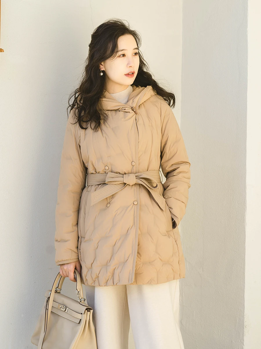 

Apipedr 90 Goose down Hooded Jaet Coat Warm Mid-Length Hazelnut Wer Women's Faion Winter Coat with Belt