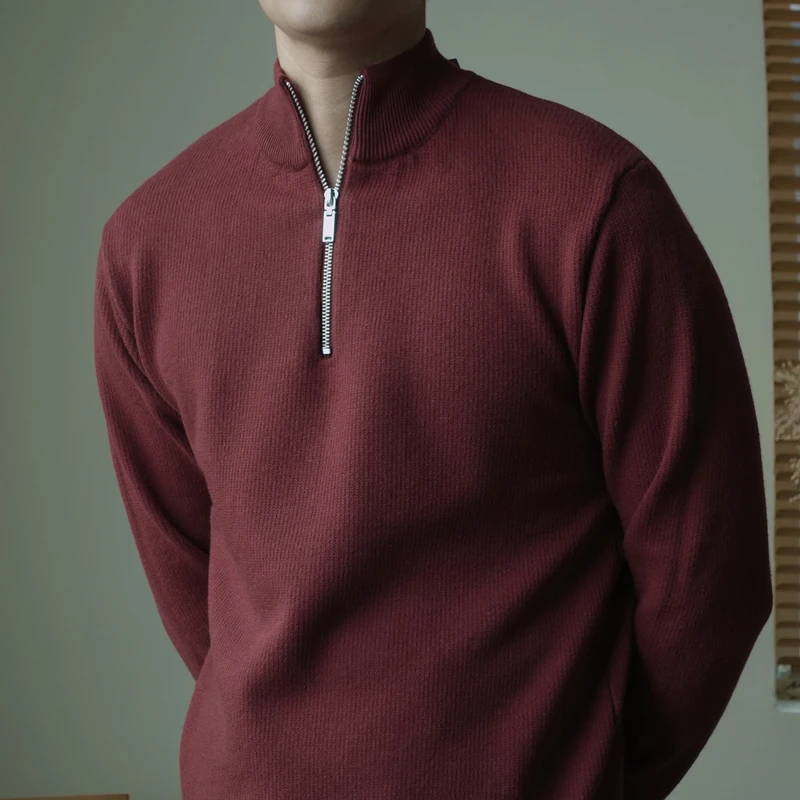 Christmas atmosphere Zip-up turtleneck pullover Semi-turtleneck slim-fit black thermal knitted sweater
