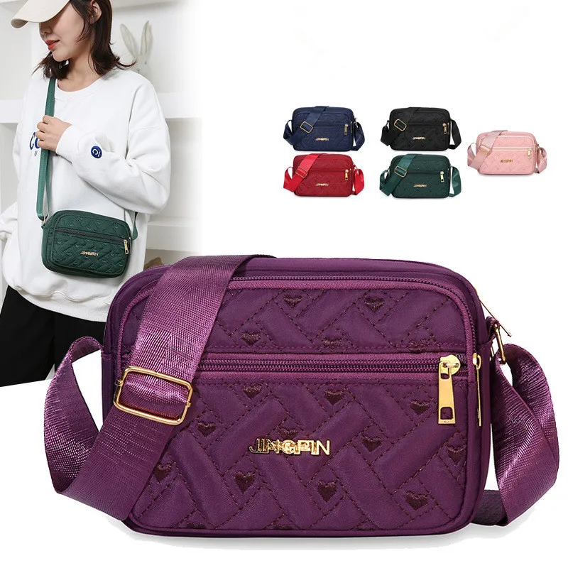 

Embroidered Nylon Shoulder Bag Lightweight Crossbody Bag with Adjustable Strap Elegant Solid Color, Detachable Strap, Zipper