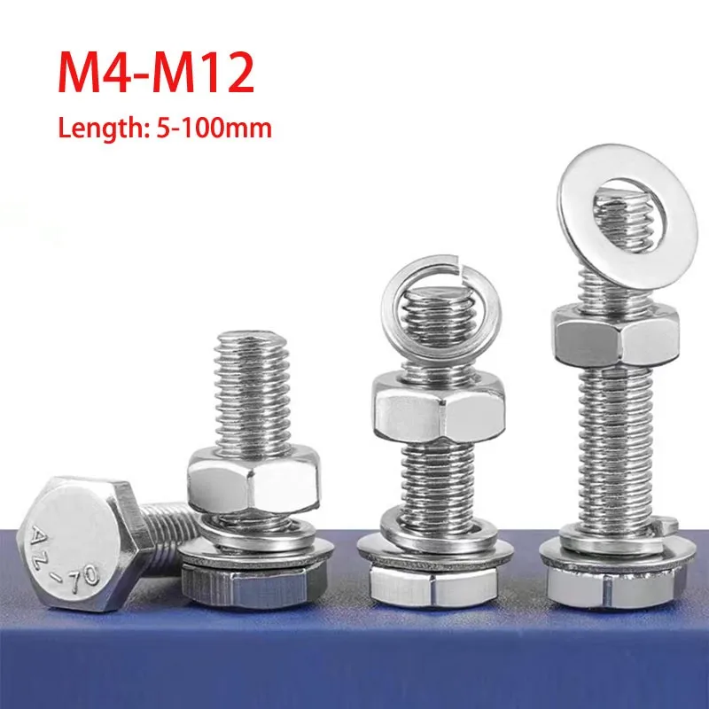 M4 M5 M6 M8 M10 M12 External Hex Hexagon Bolt  Screw And Nut Set 304 Stainless Steel Large Full Extension Screw L=5-100mm