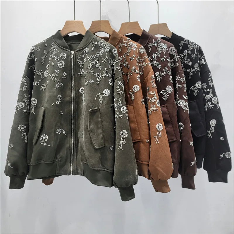 

Women Coats Beaded Jackets Pocket Zipper Long Sleeves Round Neck Slight Strech Loose Fit Streetwear Casual Office 2026 Spring