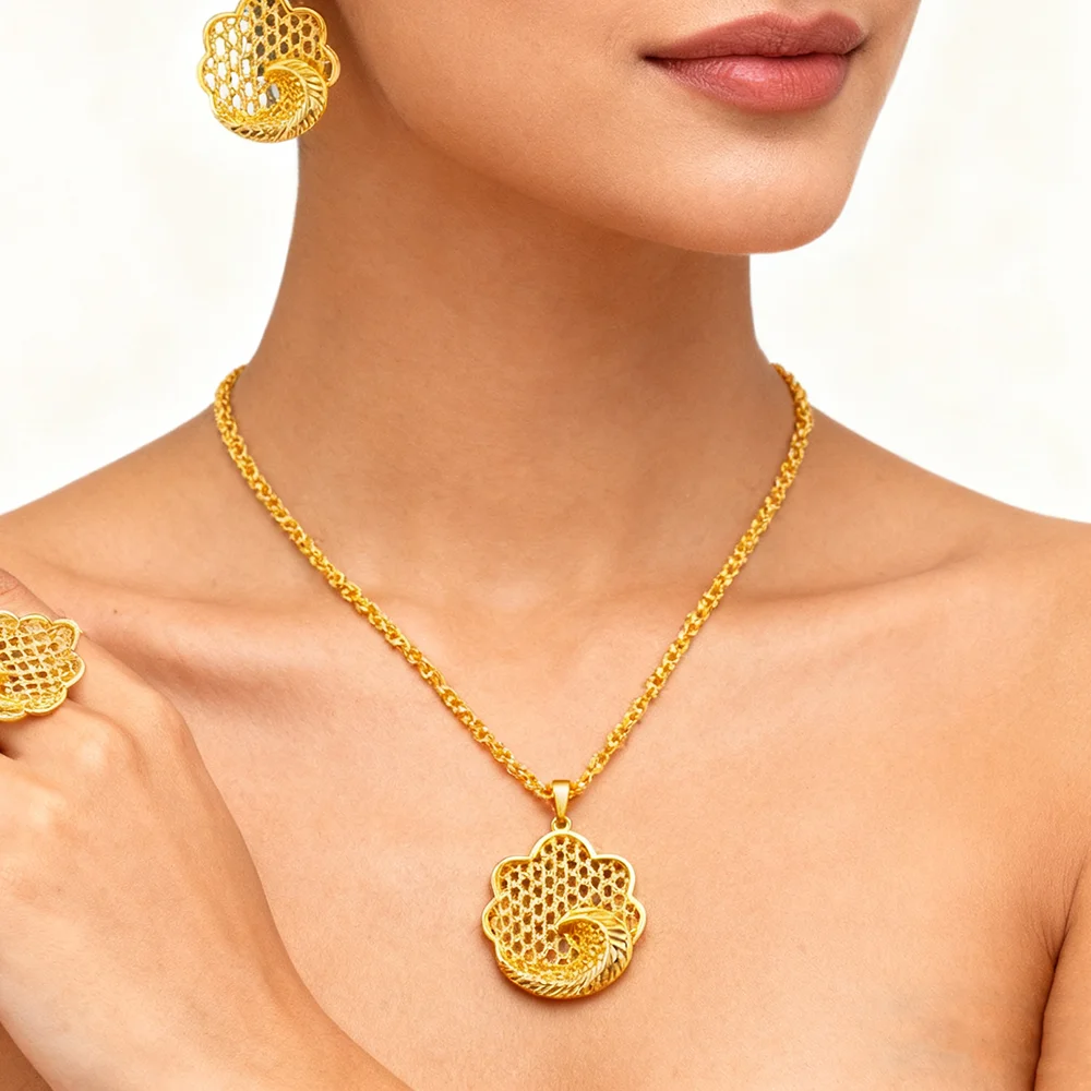 Dubai 18K Goldfarbenes Schmuckset für Damen Hochzeit Party Halskette Ohrringe Sets Indisches Schmuckset Kostenloser Versand Großhandel – Detail 9