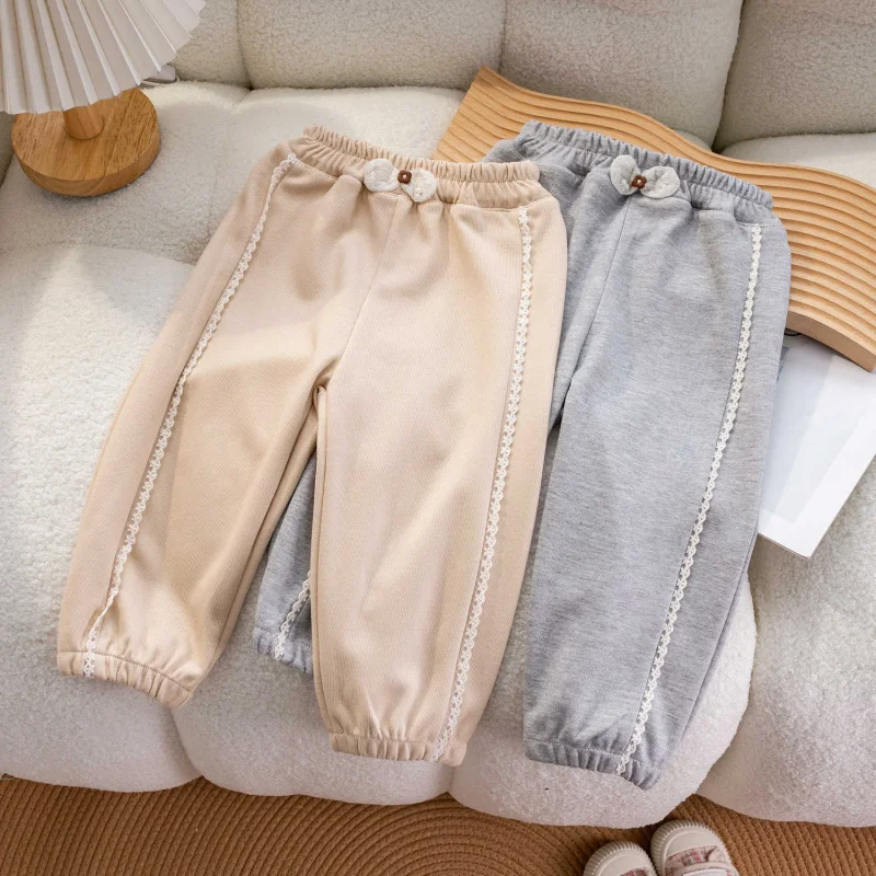 Kxkm-Little Girl Spring and Autumn Casual All-Match Lace Sweatpants2024New Girls' Sports Western Style Ankle-Tied Trousers