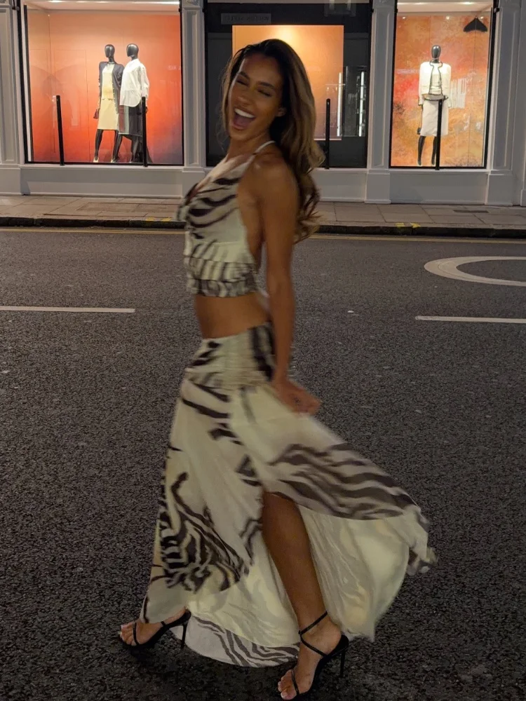 Retro Zebra Print Halter Two Piece Set Chic Open Back Crop Top Wrap Maxi Skirt Sexy Co Ord Women Summer Party Vacation Outfit