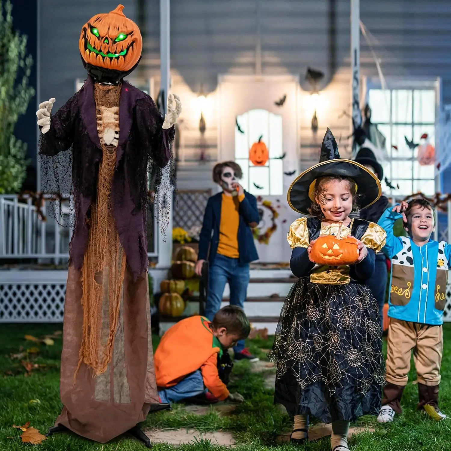 5,6 Fuß Halloween animierte stehende Kürbis vogels cheuche, anima tro nische Halloween-Dekoration mit auf gezeichneten gruseligen Geräuschen