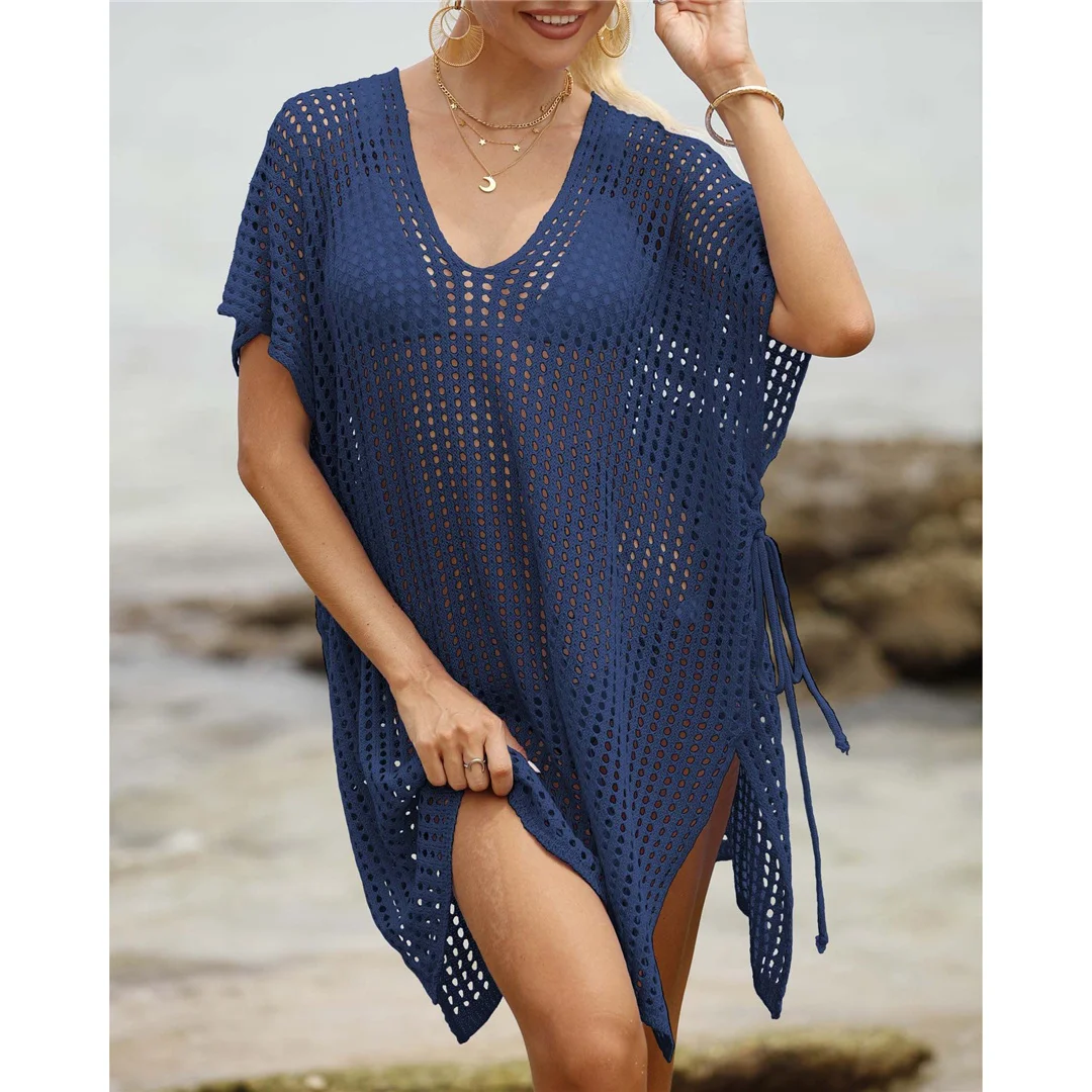 Kurzarm-Tunika mit V-Ausschnitt und Aushöhlungen, gehäkelt, Strickkleid, Strandkleid, Strandmode, Strandbekleidung, Strand-Cover-up, Damen, V8061 – Detail 24