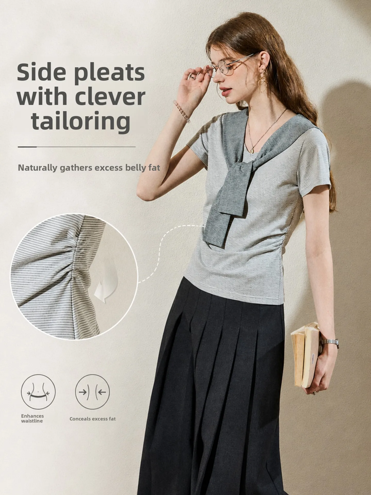 Color Block Short Sleeve T-Shirt Women's Summer Campus Style Slimming Pleated Top Korean Version Breathable Cotton Blend