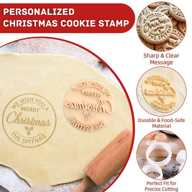 New 4 Piece Personalized Christmas Cookie Stamp With Cutter, Custom Merry Christmas Cookies Handcrafted Gift For Baking