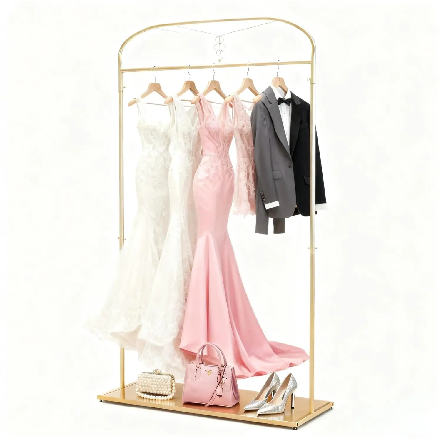 

Высокая золотая вешалка для одежды 91 дюйм с основанием, стойка для длинных платьев, вешалка для свадебных платьев, на заказ