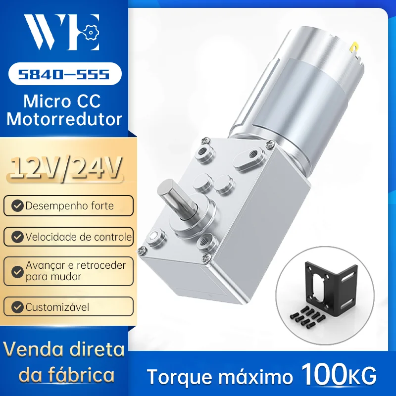 Motor Micro DC com Escovas 5840-555, 470RPM~7RPM, 12V~24V, Velocidade Ajustável, Comutação de Sentido de Rotação, Torque 100KG.CM, Motor com Engrenagens