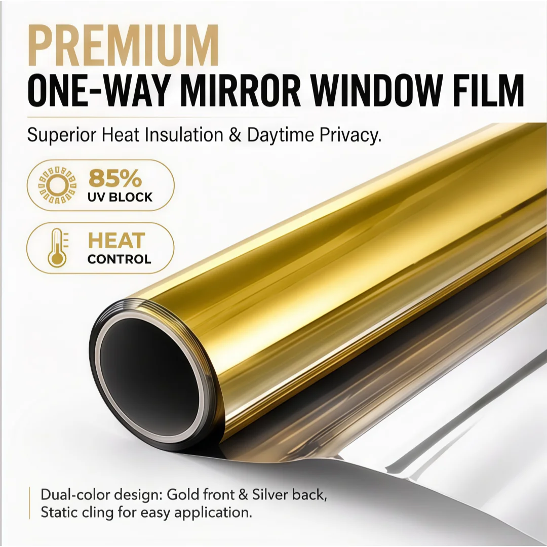 No‑Adhesive One‑Way Mirror Window Film Static Cling Gold Silver Back Solar Heat Rejection 85% UV Protection Window Sticker