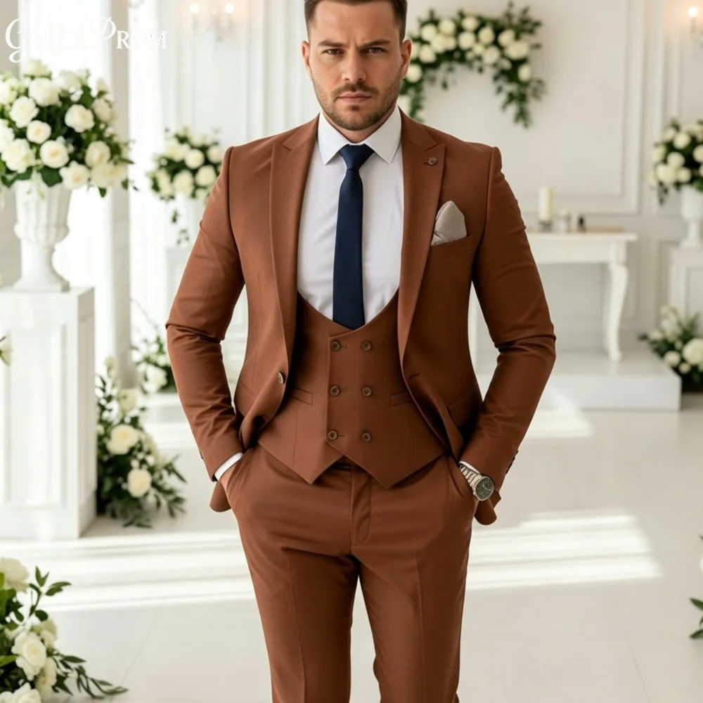 Classic Caramel Brown Men Suit Set 3PCS 2027 For Wedding Formal Business Groom Outfit Elegant Office Customized Men's Suit