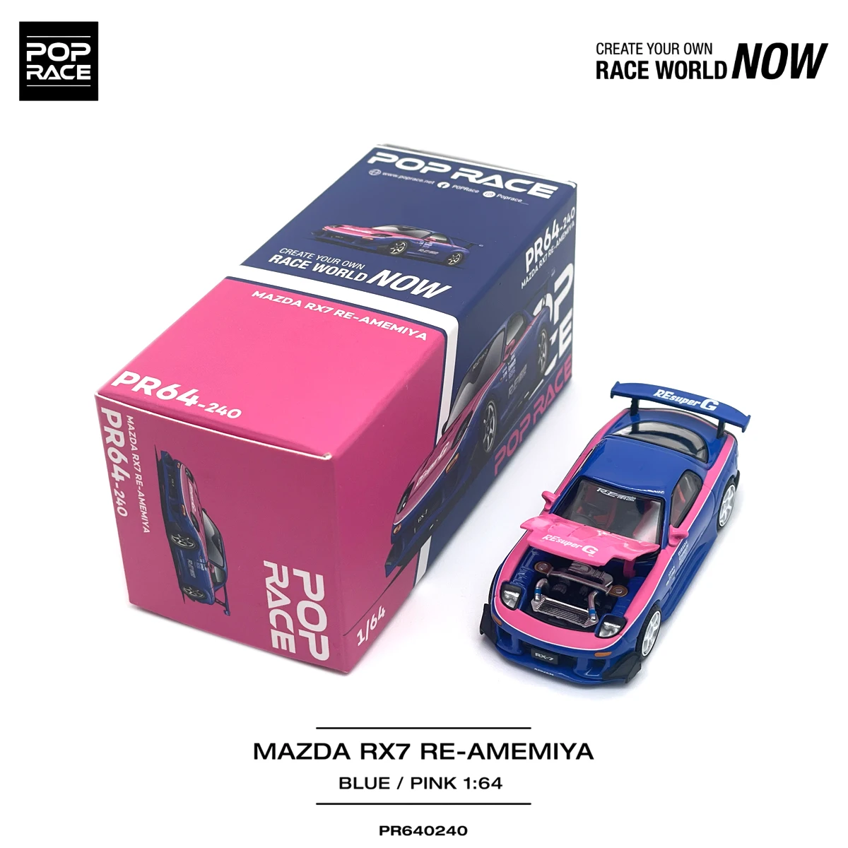 In Stock Pop Race PR640240 1:64 Mazda RX7 FD3S RE-AMEMIYA Blue Pink Open Hood Rotary JDM Diecast Collectible Model Car