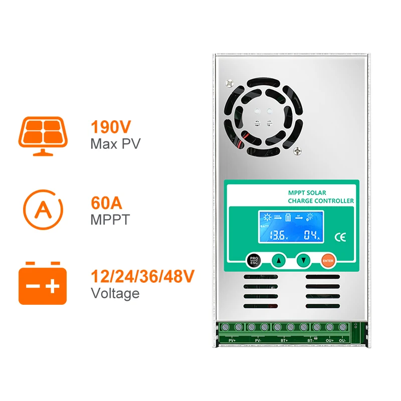 ZK40 MPPT 60A Solar Charge Controller Solar Panel Regulator 12V 24V 36V 48V Auto Max PV 190VDC For Lead Acid Lithium Battery