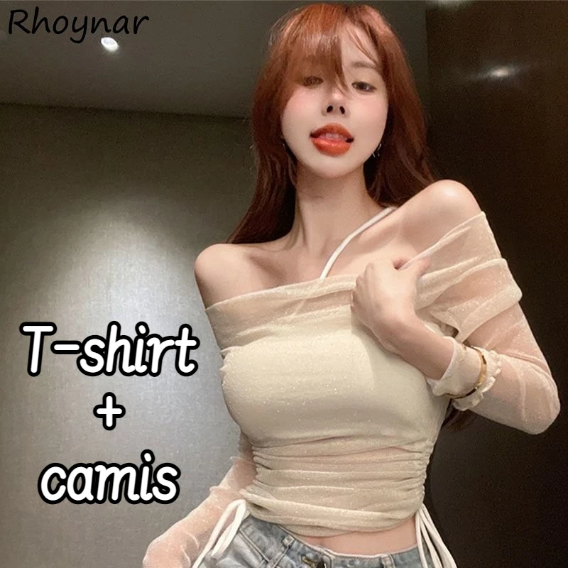 

Sets Women Slim Irregular Crop Camisole Sexy Slash Neck Sunscreen Shirring Chic T-shirts Hotsweet Breathable Club Summer Thin