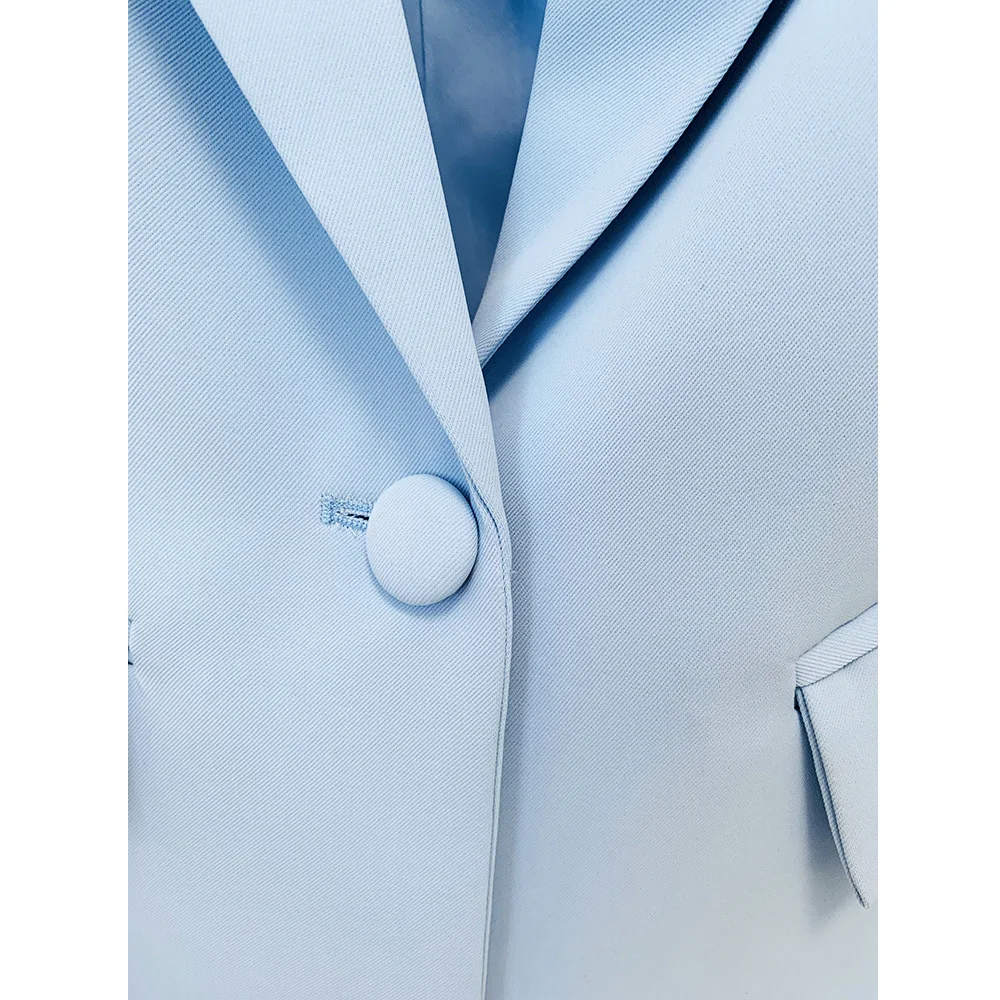 Sky Blue One Button Solid Blazer Flared Trousers Women Set Elegant Office Lady Coat Pants Suit