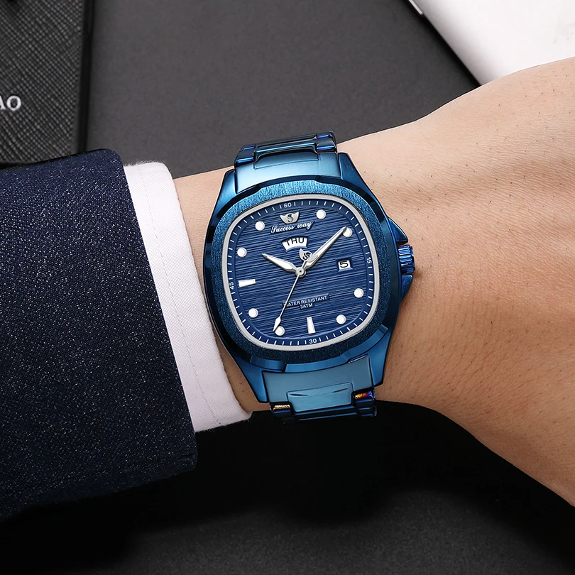 Luxury Men Watch Square Blue Dial Mens Quartz Wristwatch Gold Sliver Calendar Date Display Male Reloj Stainless Steel Man Clock