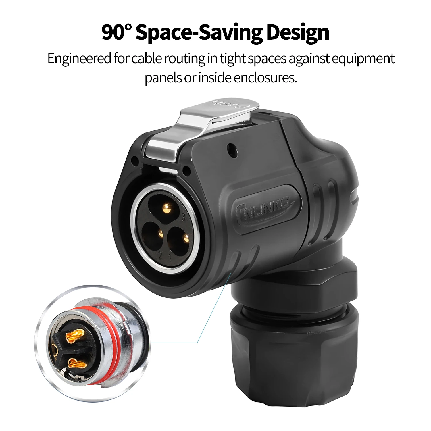 CNLINKO LP20 90° Elbow Plug Waterproof IP68 Industrial Connector Semi-Metal Soldering Secure Locking 2000 Times Mechanical Life