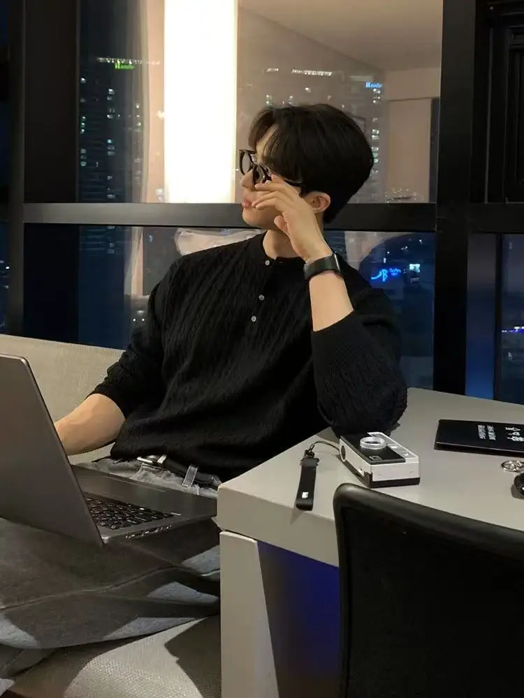 

Autumn Winter Men's Overhead Knitted Sweater Warm Inner Wear Korean Sle Casual Loose Fit Long Sve round Ne Polyester F...