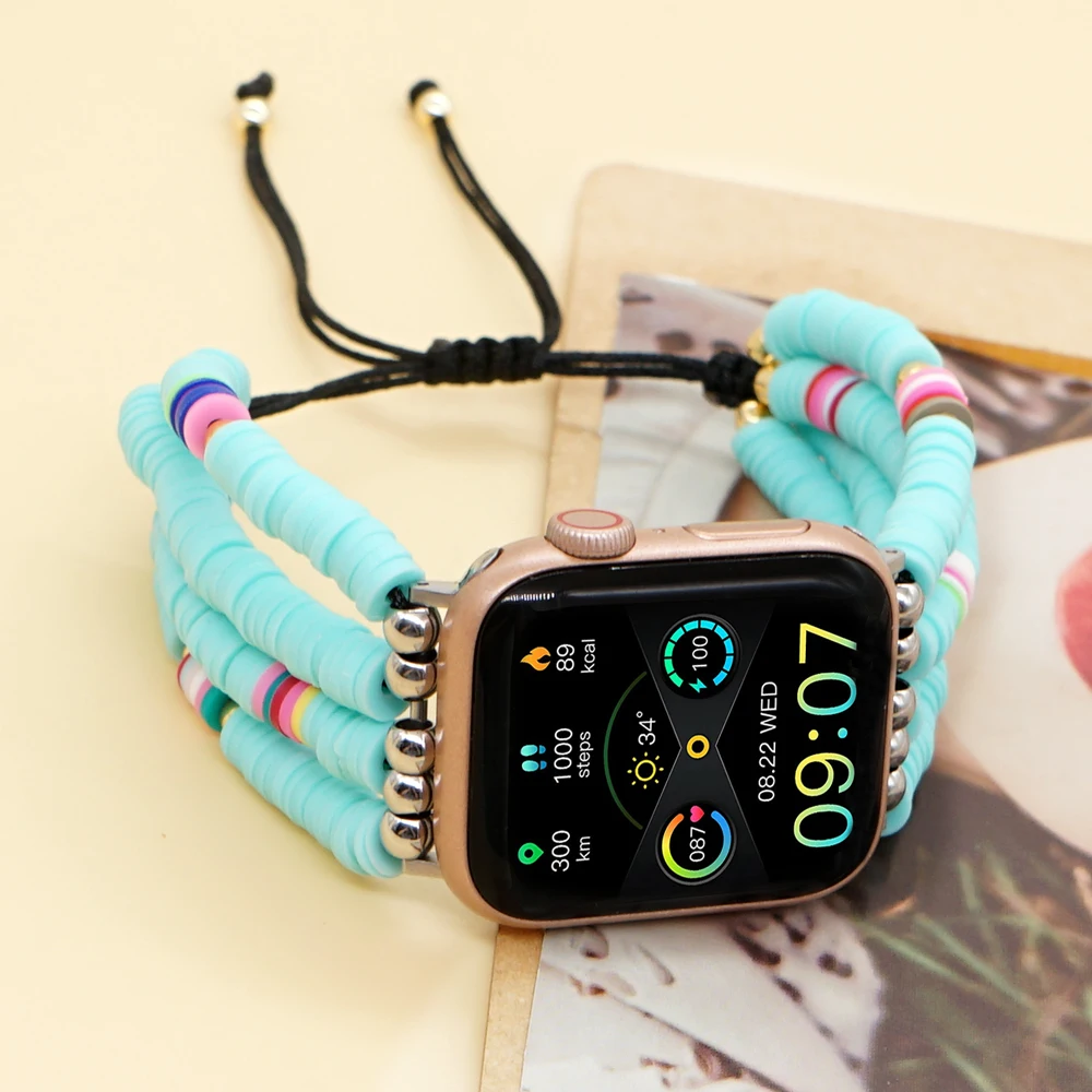 Handmade Adjustable Compatible Apple Watch Bands 38mm-45mm Butterfly Cute Fashion Stack Rainbow Vinyl Disc Bead with Tassel