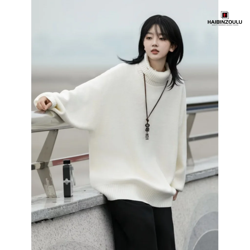 

Unisex White Black Turtlenecks Knit Sweaters Bottoming Japanese Retro Gender-free Sweaters