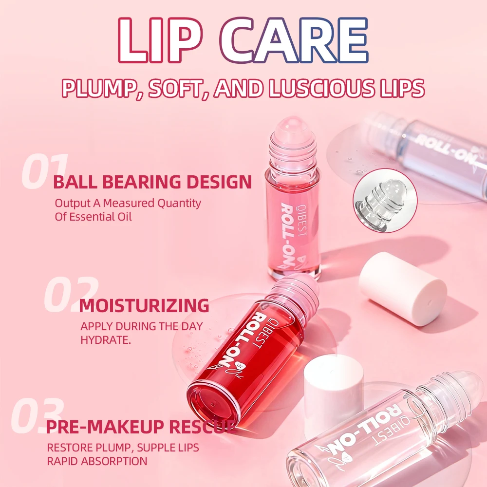 QIBEST Rolling Bead Lip Oil Sets Moisturizing Lotion Hydrating Roller Ball Lip Balm Anti-Drying Colorless Transparent Lipgloss
