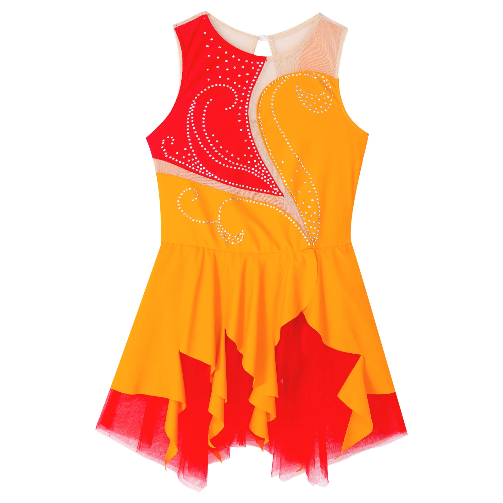 Kids Girls Rhinestone Figure Ice Skating Dress Children Sleeveless Ballet Dress Gymnastics Leotard for Dancing Competition