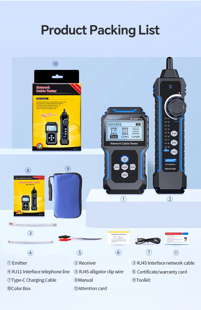 NOYAFA NF-8209Pro Netzwerkkabel-Tester und -Ortungsgerät mit Längenmessung, POE-Protokoll, Flash-Test, RJ45-Stecker-Scan und Kabel-Tracking – Detail 16