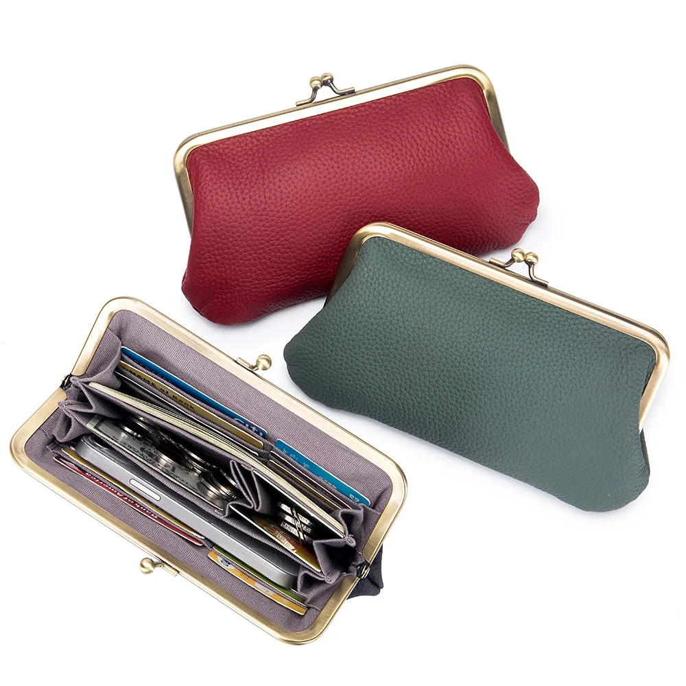 Genuine Leather Women Clutch Purse Clip Money Purses Kiss Lock Long Wallet Phone Purse for Women