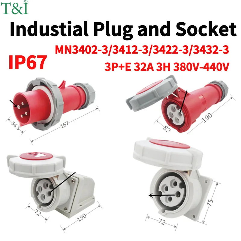 1PCS 4Pin 32A-3h Refrigerated and Refrigerated Container  Industrial Plug Quad Marine Four Hole Connector Socket 380-440V MN3412