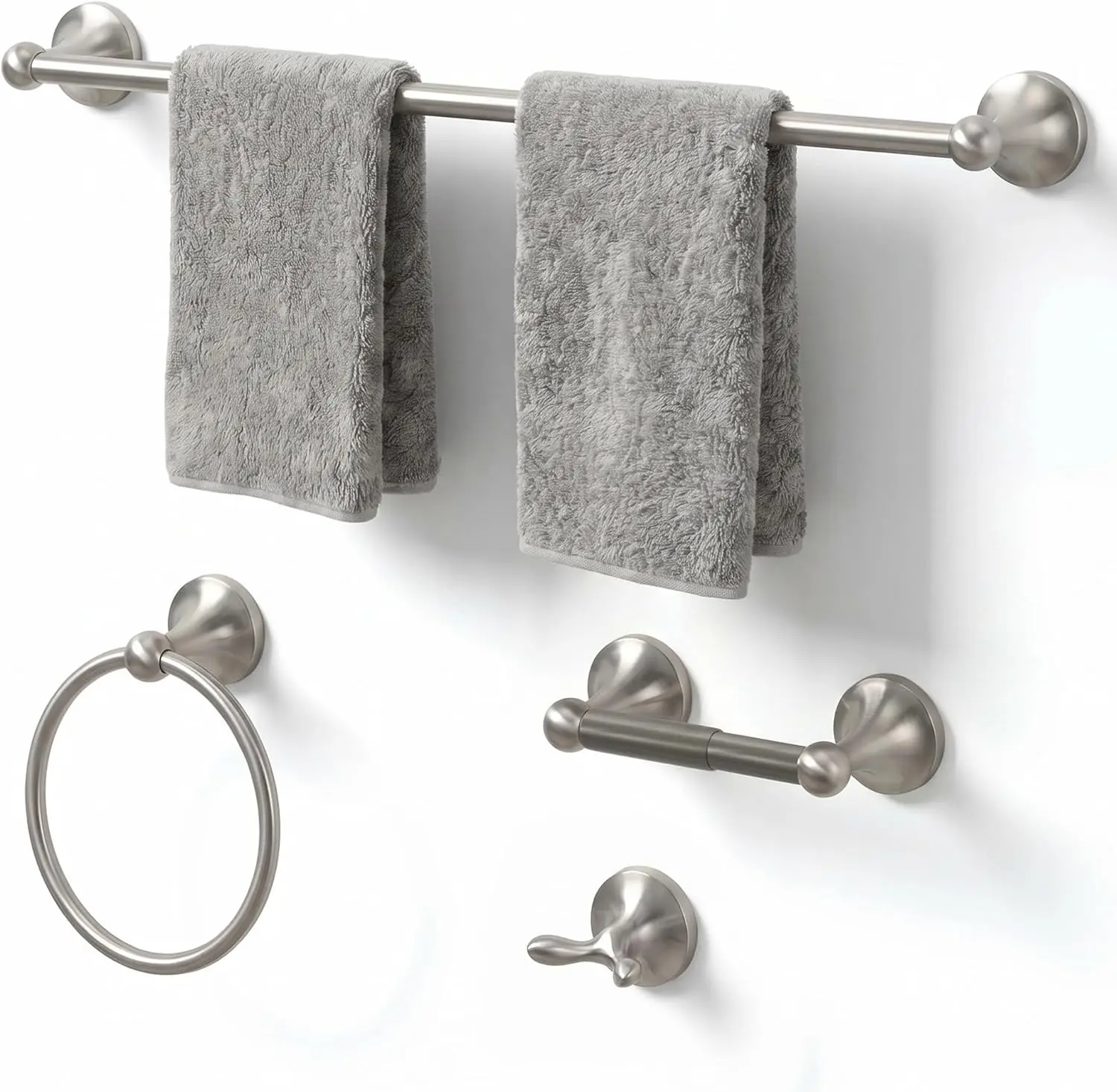 

4-Piece Brushed Nickel Bathroom Hardware Set with 24" Towel Bar, Ring, Holder & Hook