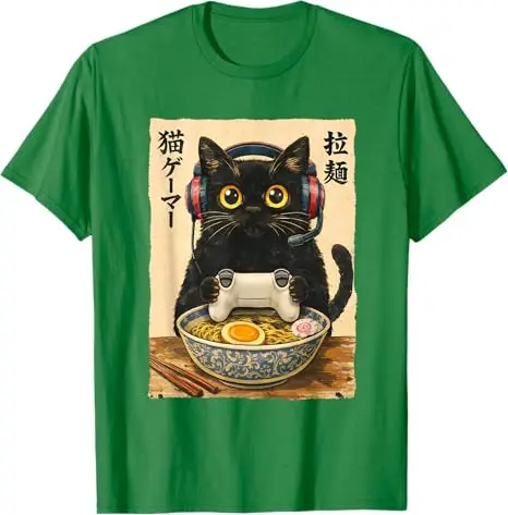 Funny Cat Gamer Ramen Graphic Japanese Kawaii Anime Gaming T-Shirt Y2k Kitten Eat Noodles Paly Video Game Manga Comic Clothes