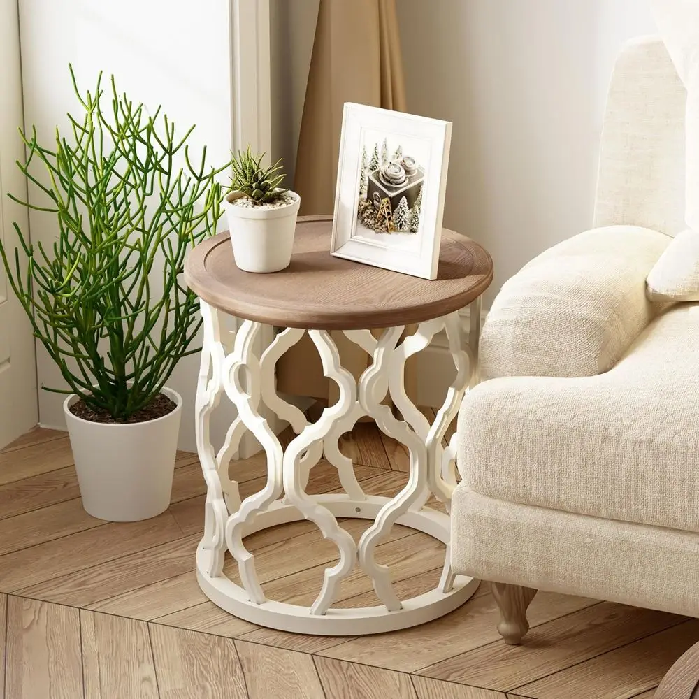 

French Country-Style Side Table with Distressed Tray Top, Curved Drum Design, Boho-Chic, Rustic White Round Accent Table