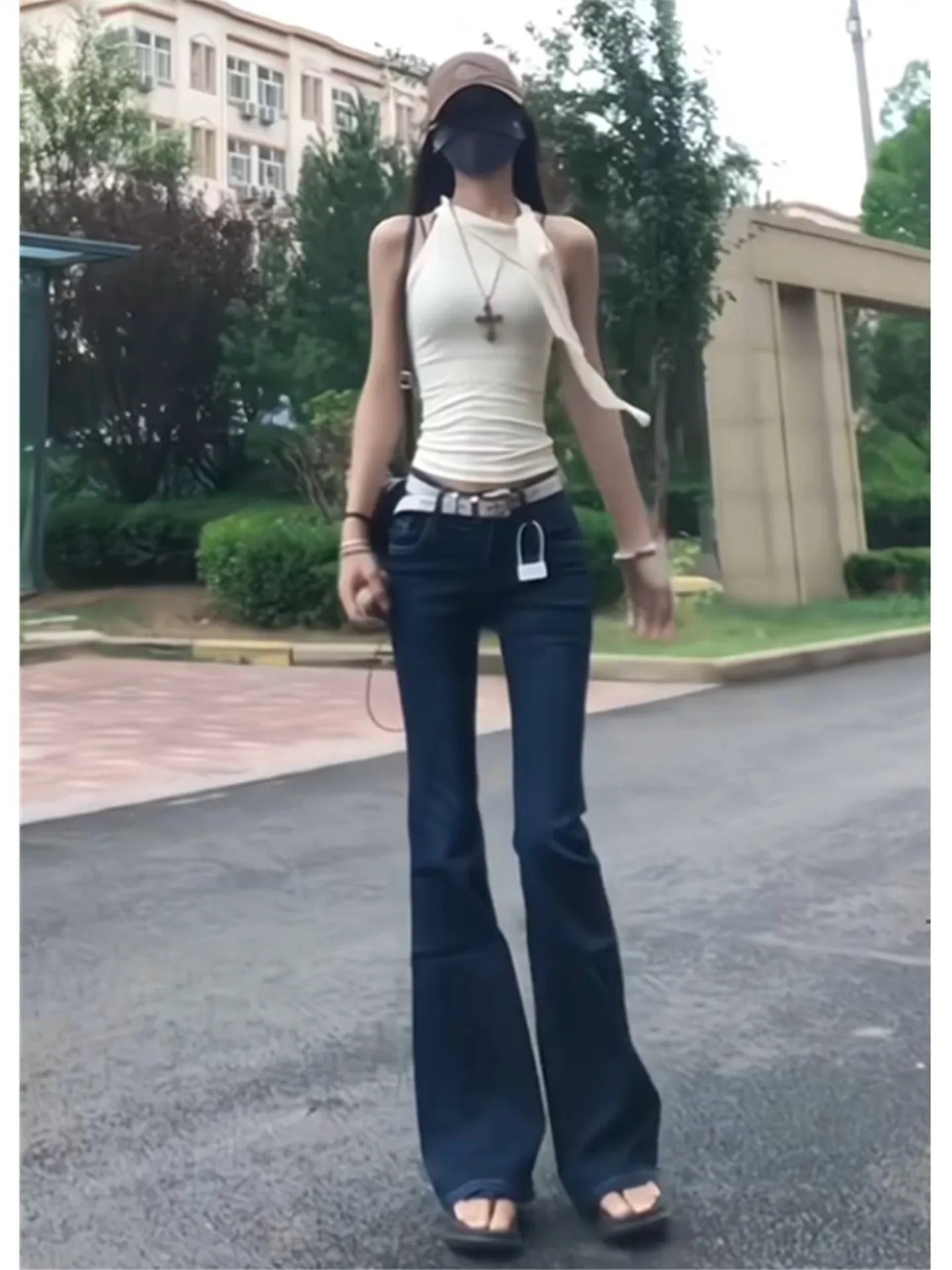 

American Street Vintage Low Waist Bell Bottom Jeans Women's Slimming Long Leggings Deep Blue Spring Casual Washed Cotton Jeans