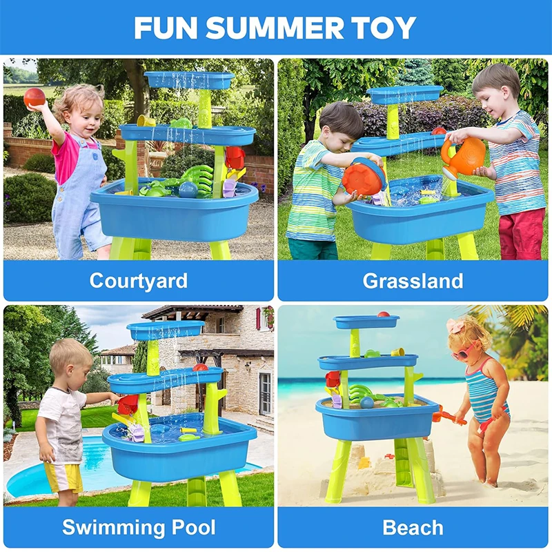Tavolo da acqua con sabbia a 3 livelli per bambini con accessori per giocattoli d'acqua Tavolo da acqua estivo per i più piccoli Regalo di giocattoli da spiaggia per piscina da giardino all'aperto