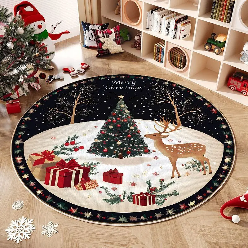 VIKAMA Round Christmas Winter Snow Scenery Christmas Tree Merry Christmas Floor Mat Living Room Festival Home Christmas Decor