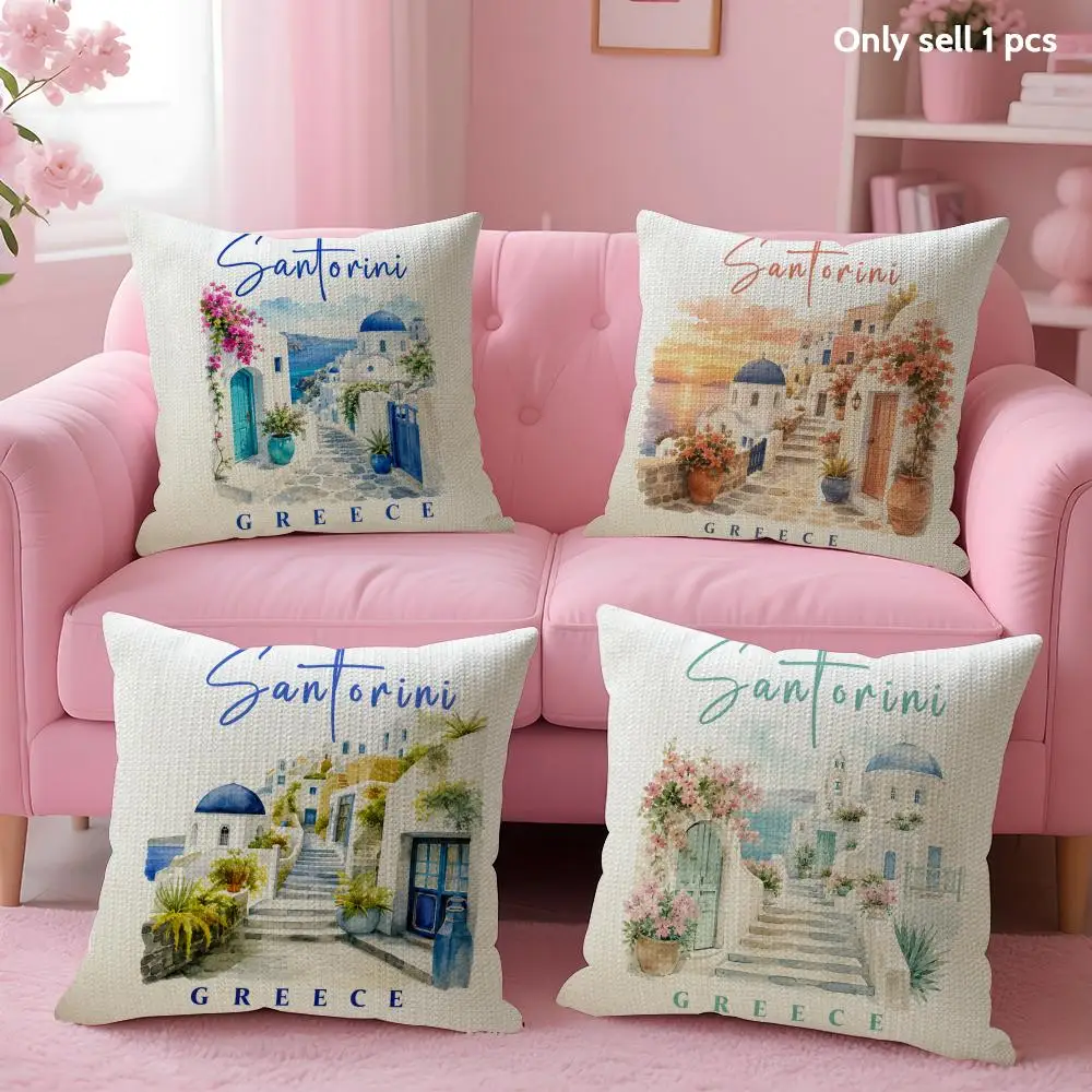 Greek Santorini Cushion Cover Linen Organic Fabric Double-Sided Printing Sofa Breathable Home Decor Gift Pillow Case