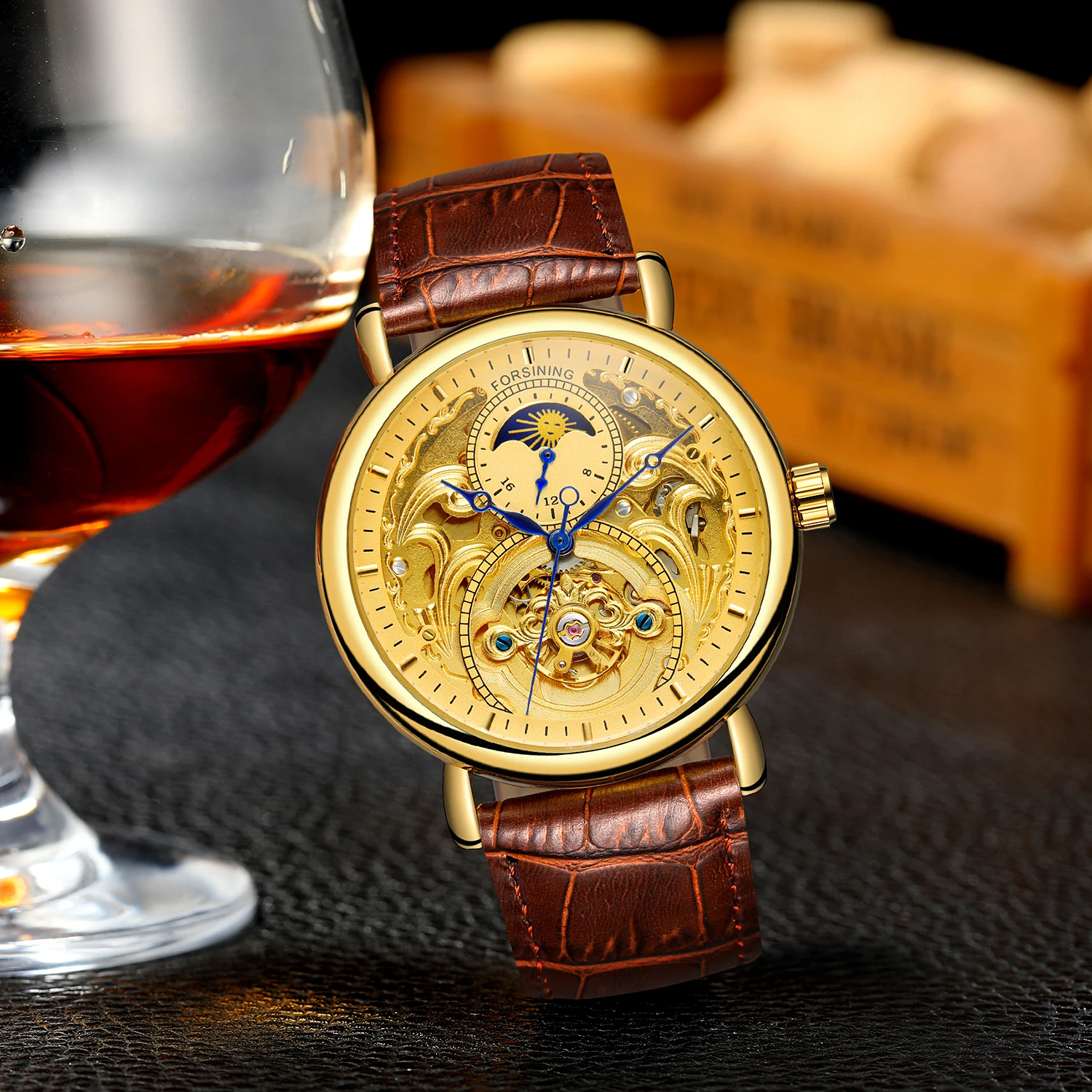 

Королевский золотой скелет с дисплеем, синие стрелки, коричневый ремень из натуральной кожи, мужские механические наручные часы, наручные часы с фазой Луны