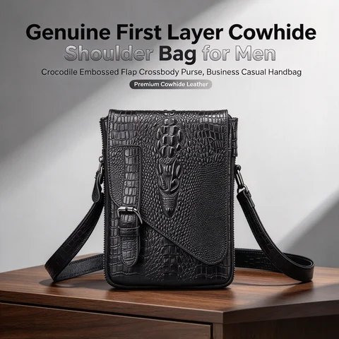 Genuine First Layer Cowhide Shoulder Bag for Men, Crocodile Embossed Flap Crossbody Purse, Business Casual Handbag