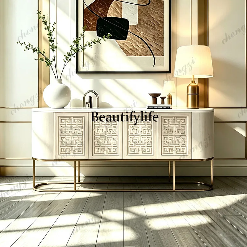 French retro solid wood carved dining side cabinet, living room locker, cream wind porch cabinet