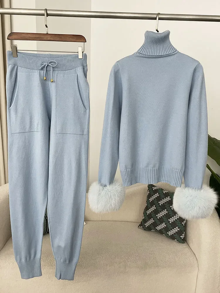 2025 feminino nova moda outono inverno camisola de malha calças compridas conjunto jaqueta camisola grosso quente natural real casaco de pele de raposa feminino