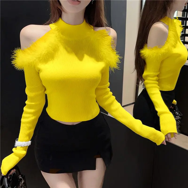 2024 Autumn New Turtleneck Show Shoulder Splicing Sweater Knitted Pullover Women's Long-sleeved Inner Wear Chic Top