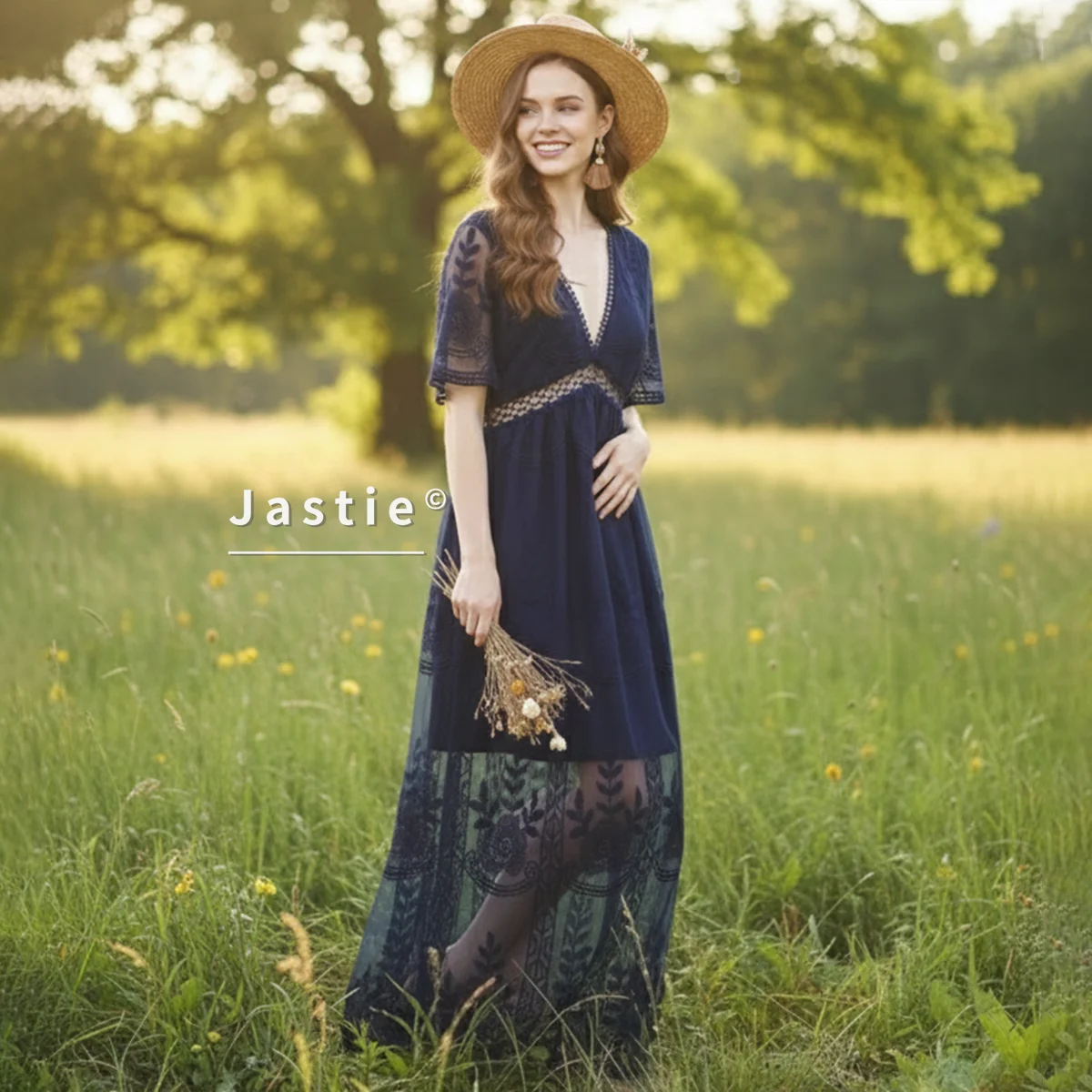 Blu navy estate Boho donna maxi abito ampio ricamo pizzo tunica lunga abito da spiaggia vacanza vacanza abbigliamento donna 2026