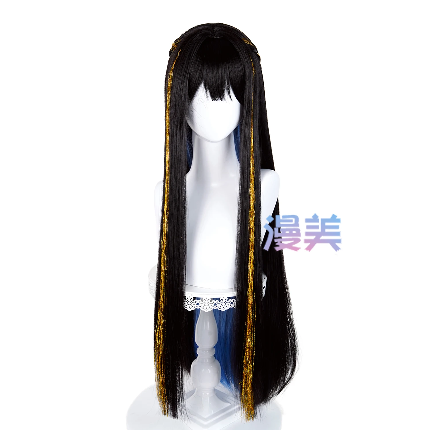ゲーム「崩壊スターレイル」ダリアコスプレウィッグ、ロングブラックブルーハイライトブロンドアクセントウィッグ、コミコンパーティー用、大人男女向け