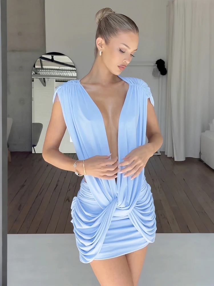 Weird Puss Sexy Cross Ruched Dress Women Deep V-Neck Sleeveless Backless Hollow Patchwork Peach Hip Stretch Slim Party Bodycon