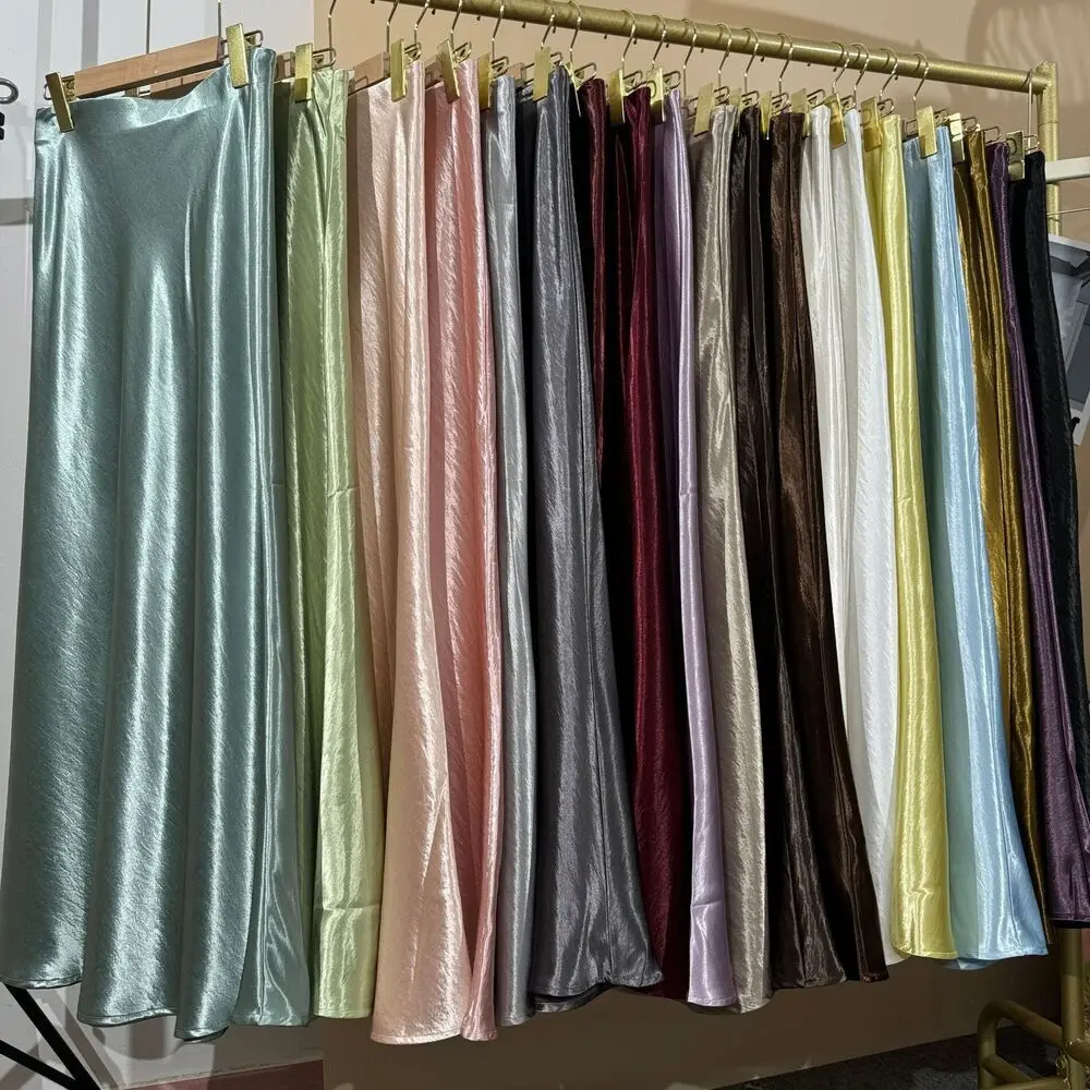 

19 Colors 2026 New In Women Spring Summer Gloss Satin Long Skirts Female Fashion Elegant High Waist Faldas